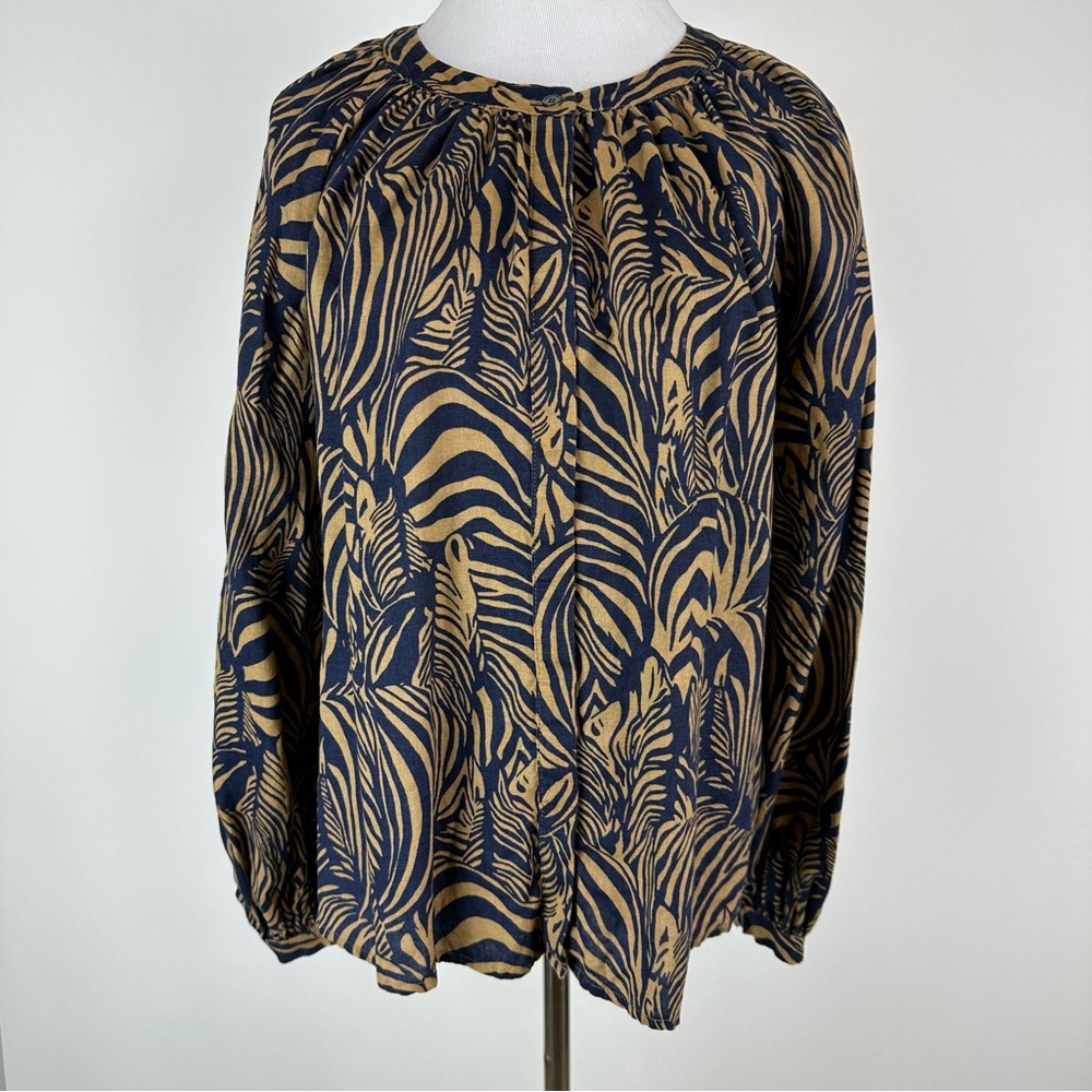 Banana Republic Navy Tan Zebra Print Linen Top Size Small